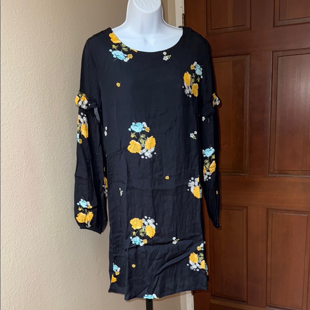 Mango Women’s Sheath Crepe Dress Black with Yellow and Blue Floral Design Size M